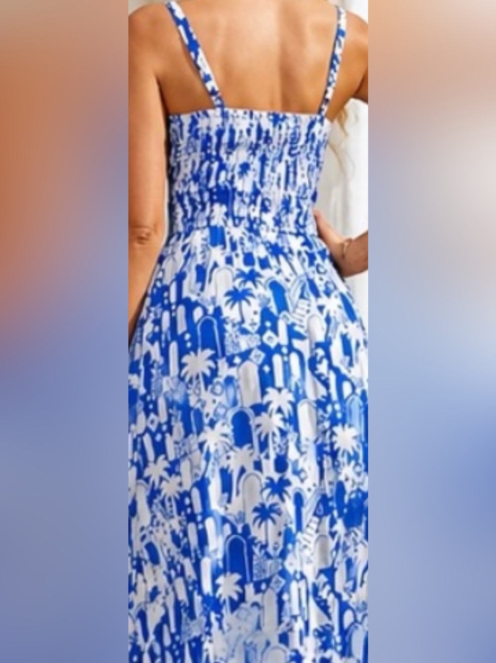 Grace Karin Blue White Midi Dress Size M Twist Front Smocked Summer Vacation - Picture 2 of 5
